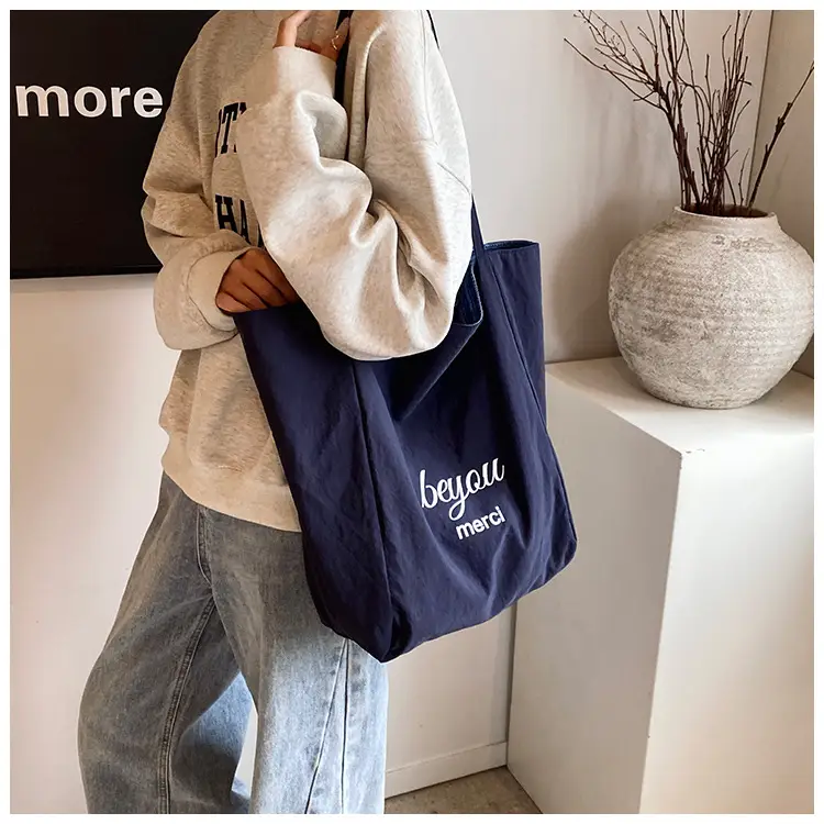 Women's Blue Striped Denim Dog Embroidered Tote Bag — feature 9