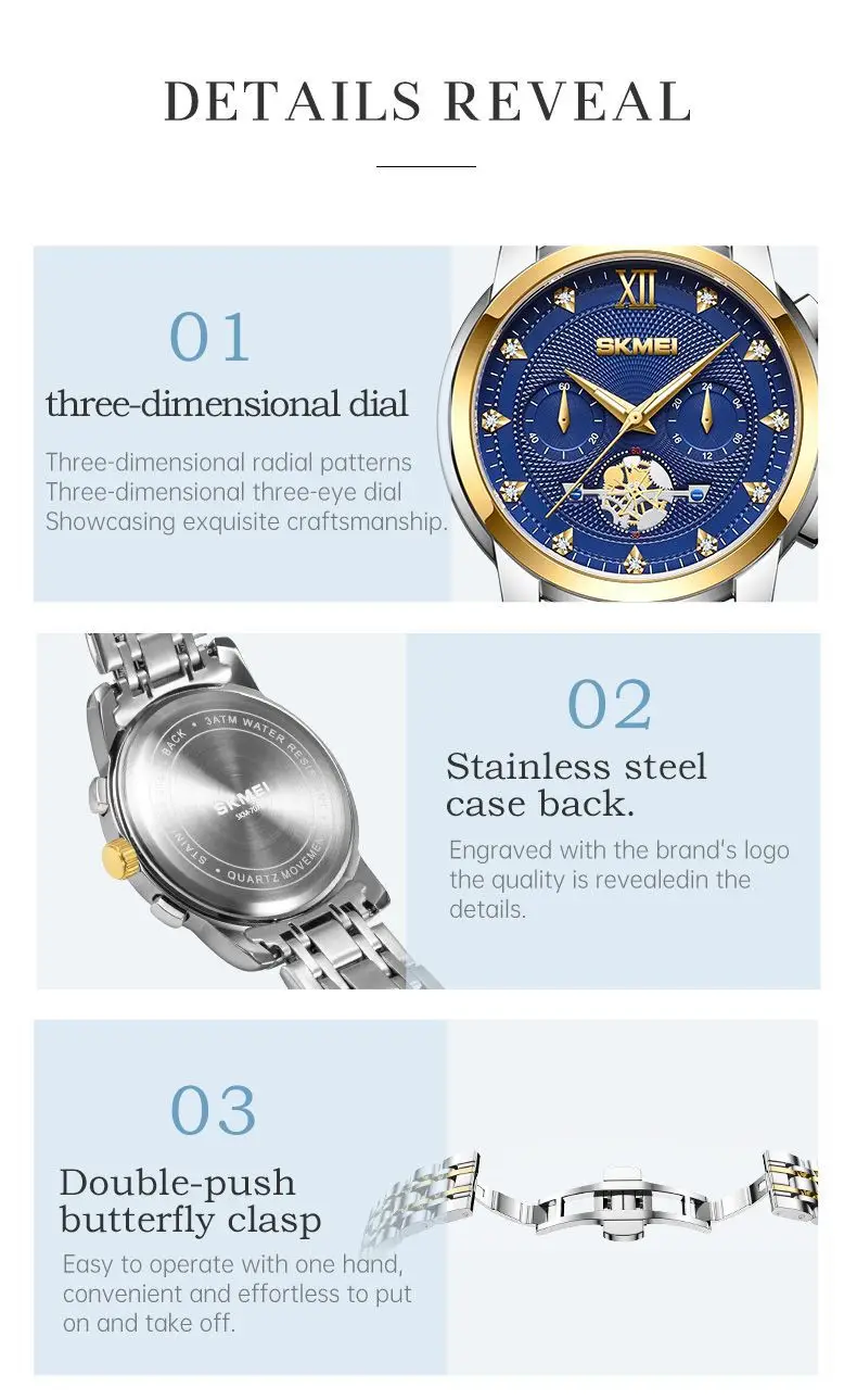 Stainless Steel Waterproof Men's Quartz Watch Blue Dial — feature 29
