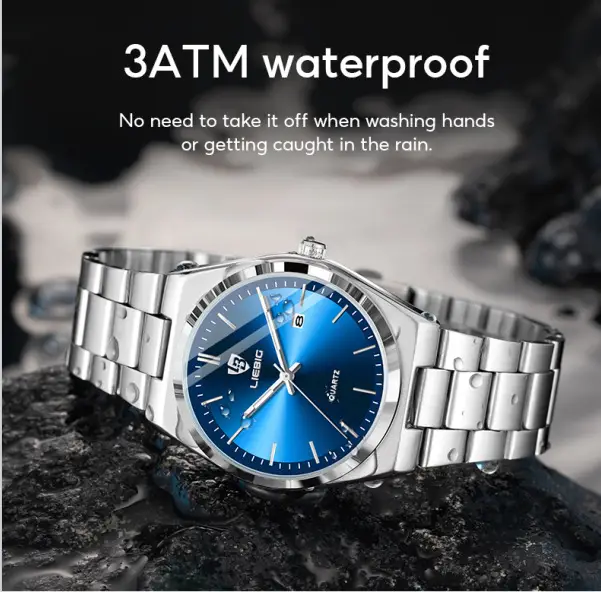 Stainless Steel Waterproof Men's Quartz Watch Blue Dial — feature 4