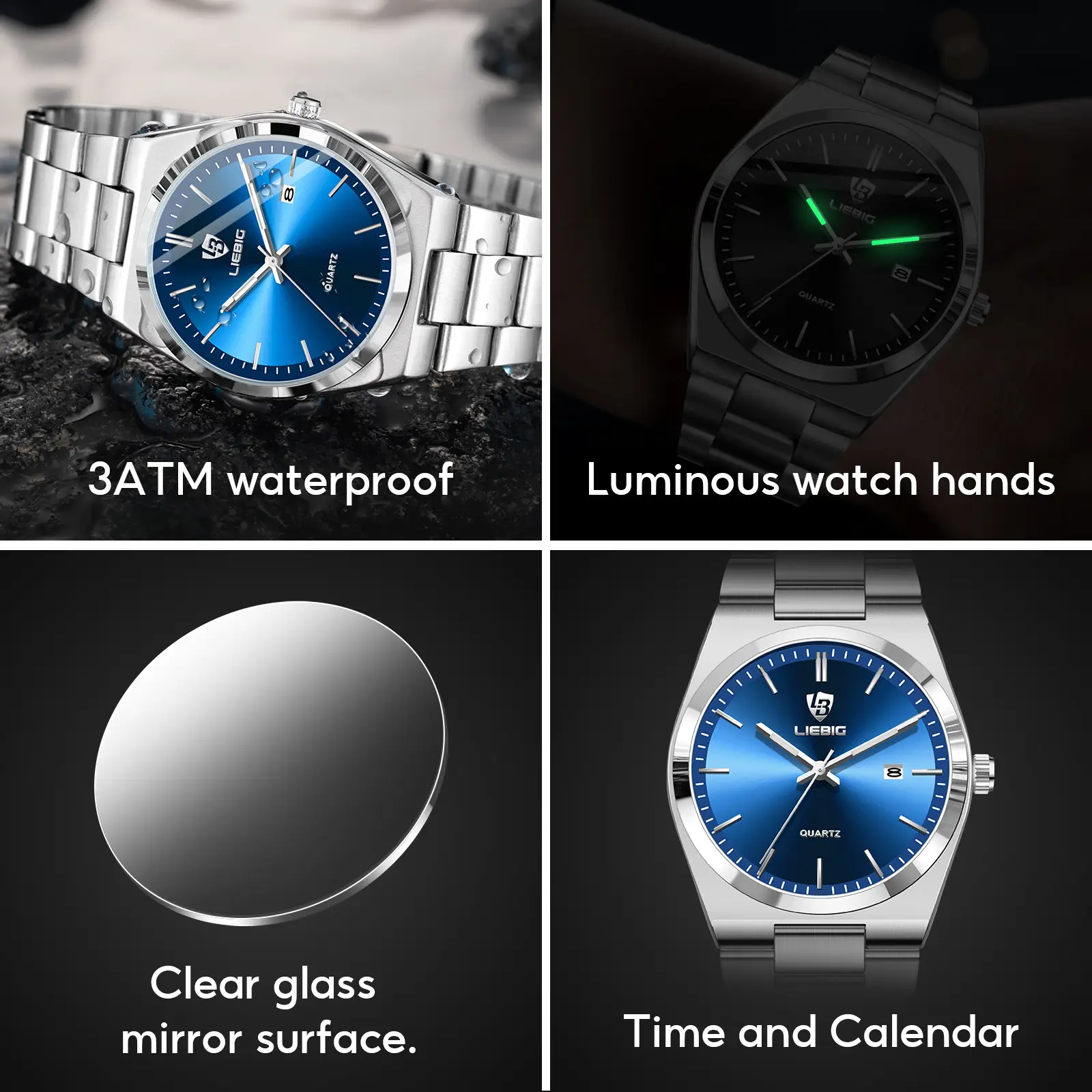 Stainless Steel Waterproof Men's Quartz Watch Blue Dial — feature 6