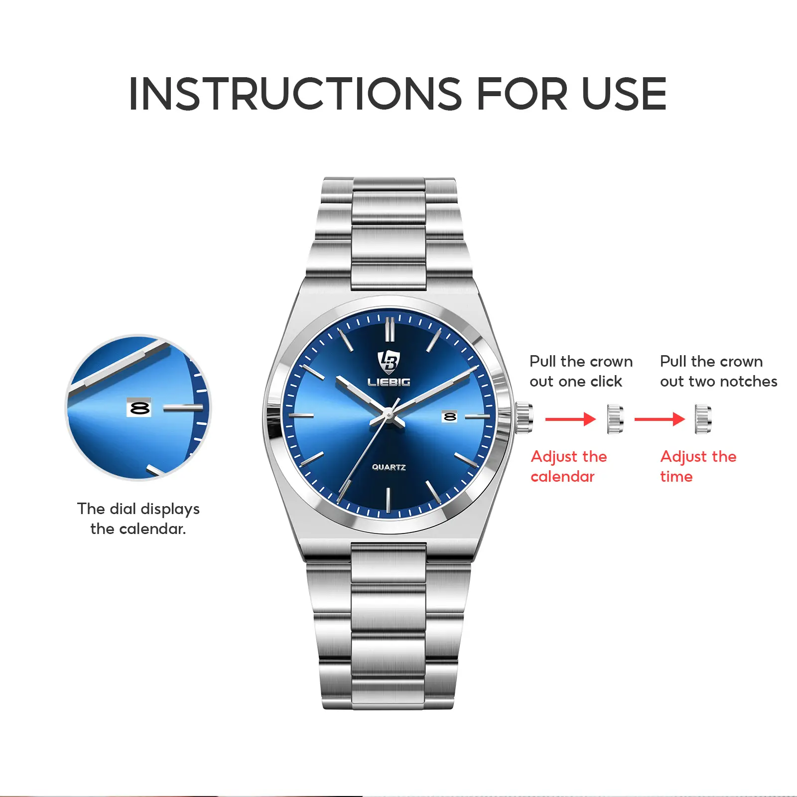 Stainless Steel Waterproof Men's Quartz Watch Blue Dial — feature 8