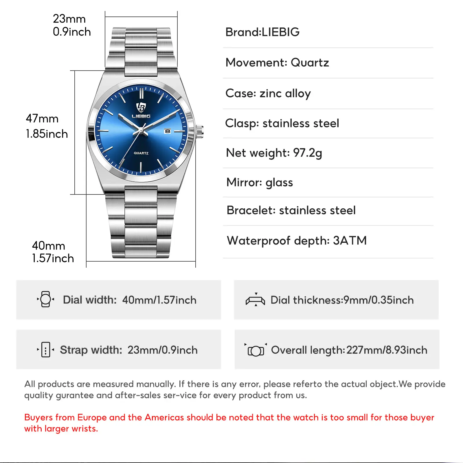 Stainless Steel Waterproof Men's Quartz Watch Blue Dial — feature 9