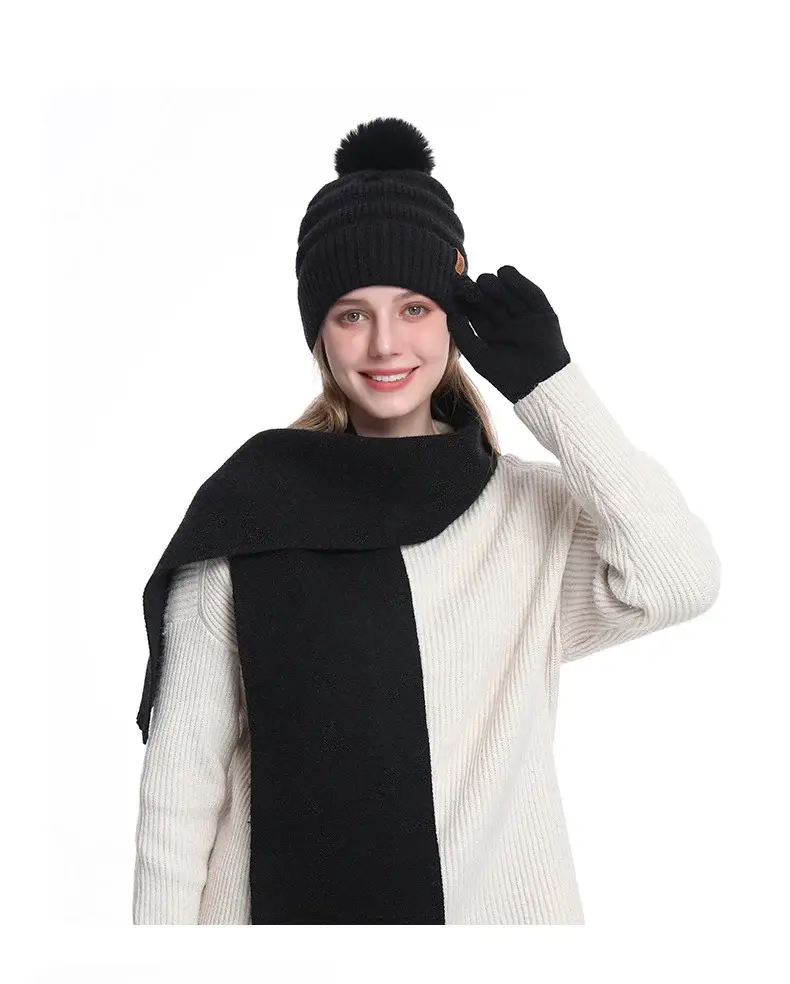 Black Wool Knit Hat with Gloves for Women Winter — feature 17