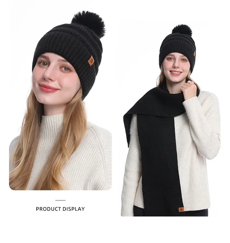 Black Wool Knit Hat with Gloves for Women Winter — feature 18