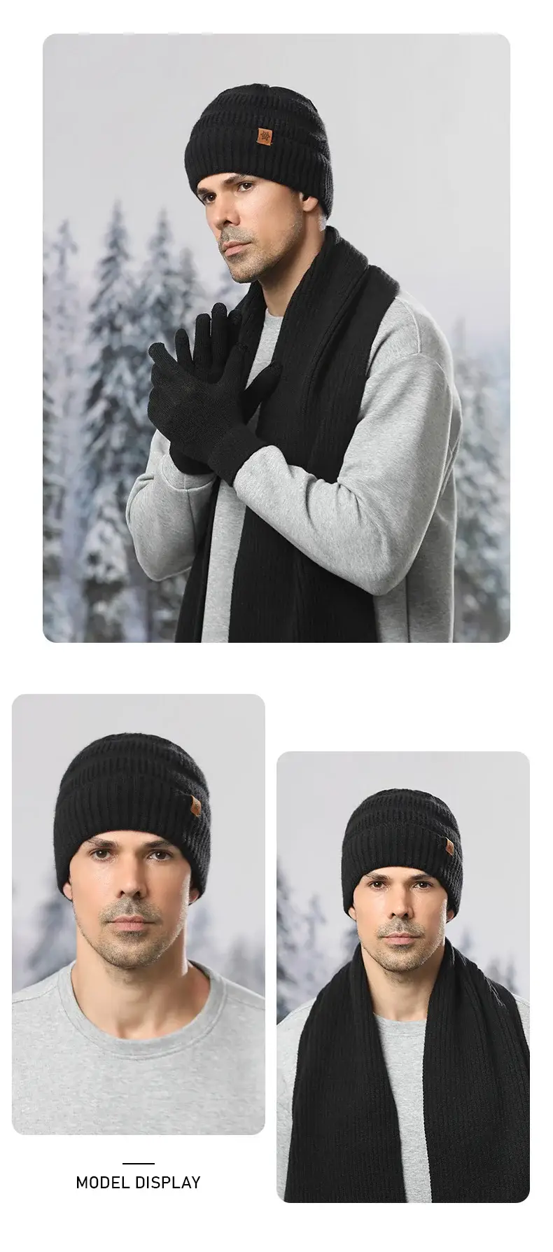 Black Wool Knit Hat with Gloves for Women Winter — feature 30