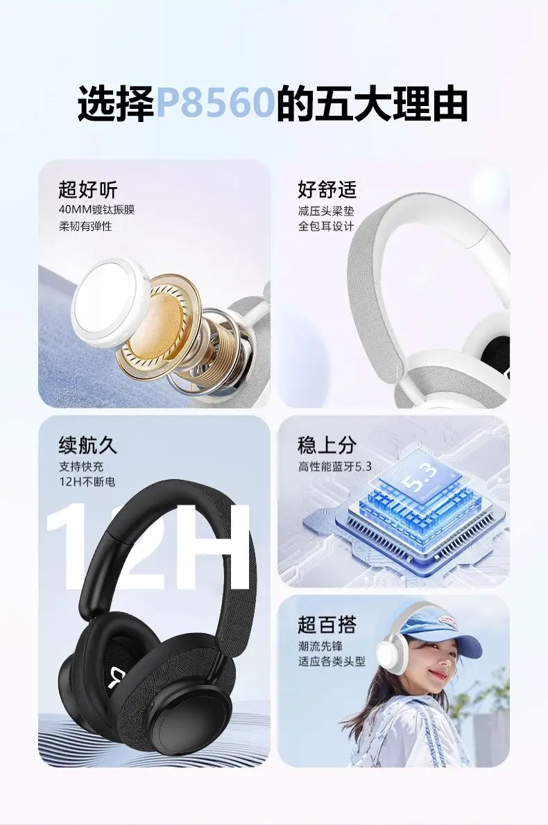 Wireless Bluetooth Headphones Black 3D Cotton Comfortable — feature 5