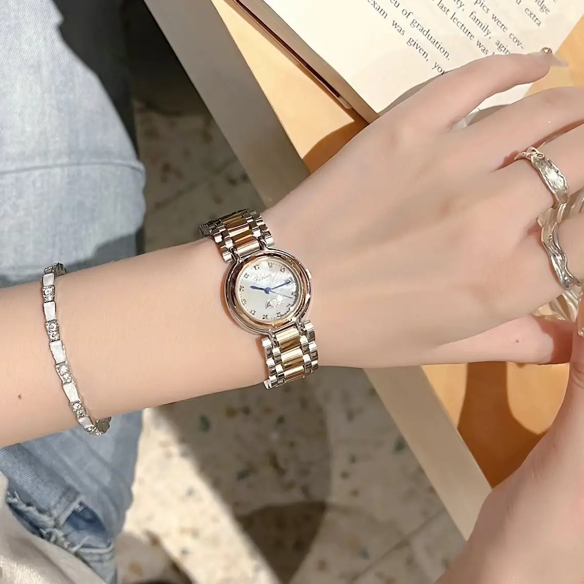 Ladies Watch Gold Plated Heart Movement Stainless Steel Band — feature 5