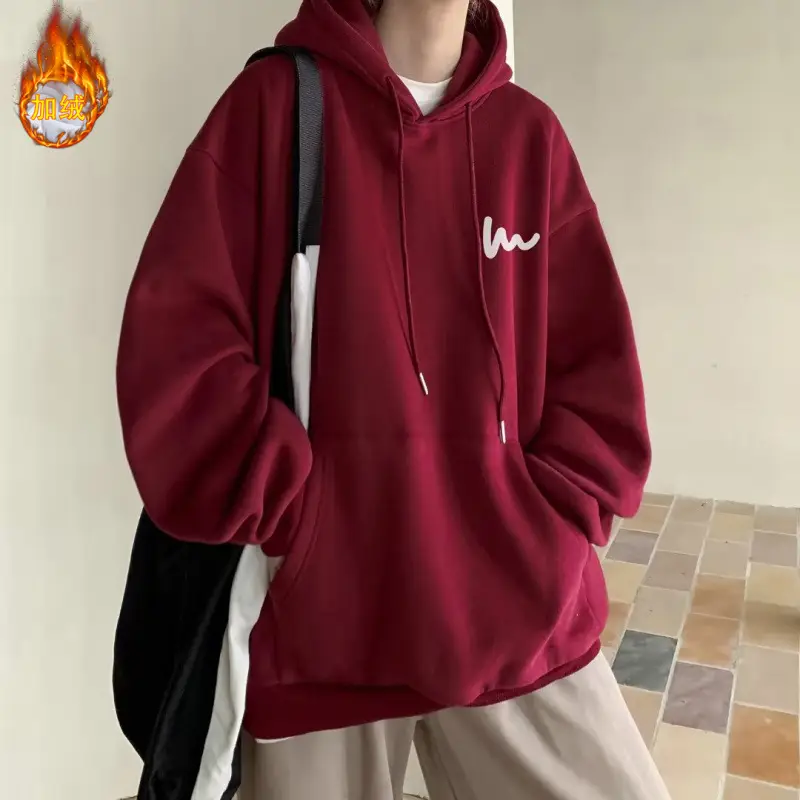 Men Heavy Hooded Sweatshirt Fleece Lined Maroon Retro Loose Oversize - Image 3