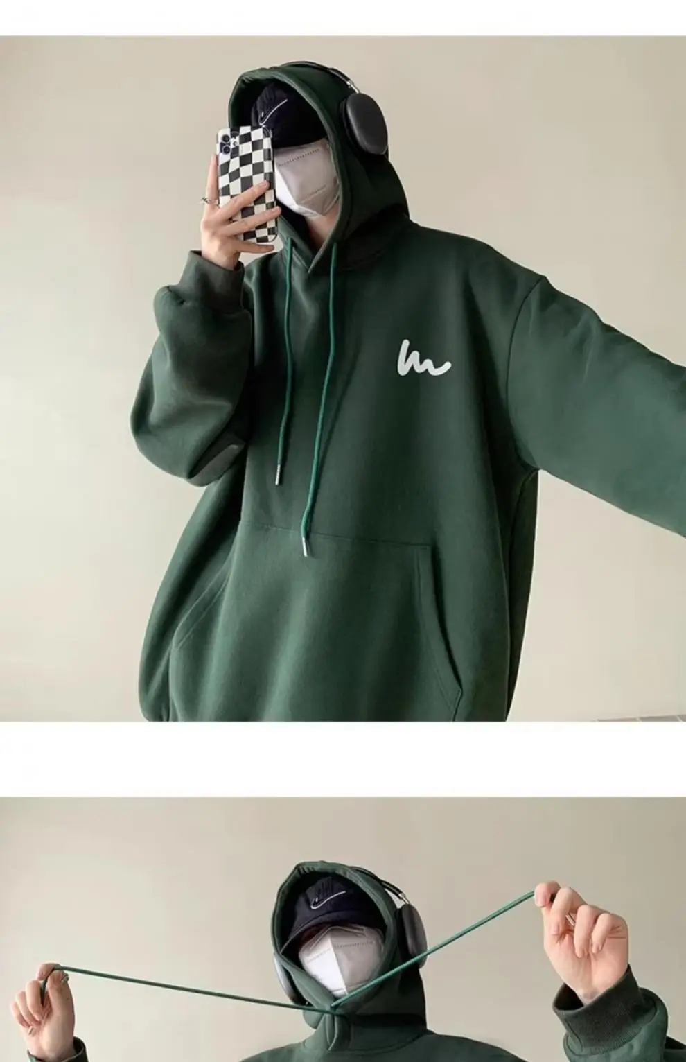 Men Heavy Hooded Sweatshirt Fleece Lined Maroon Retro Loose Oversize — feature 10