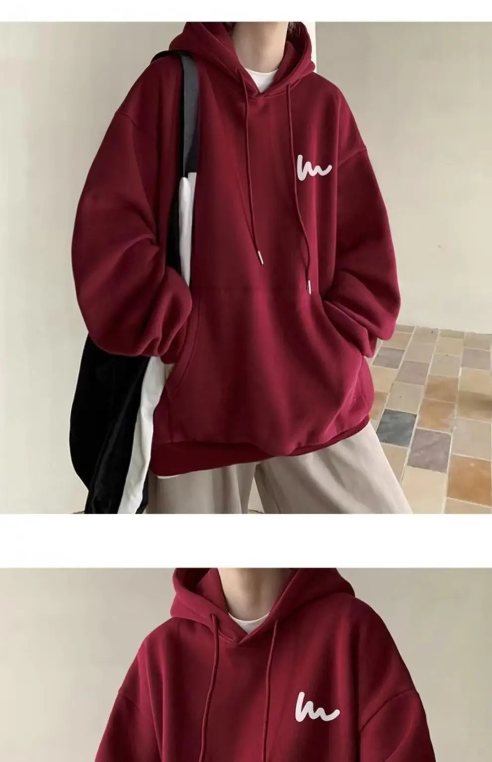 Men Heavy Hooded Sweatshirt Fleece Lined Maroon Retro Loose Oversize — feature 12