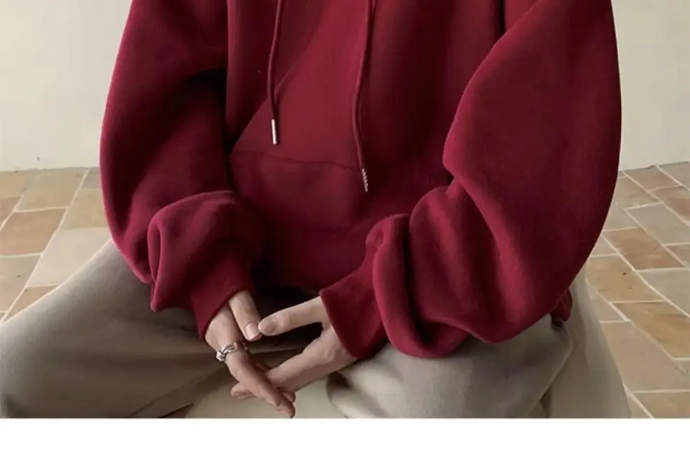 Men Heavy Hooded Sweatshirt Fleece Lined Maroon Retro Loose Oversize — feature 13