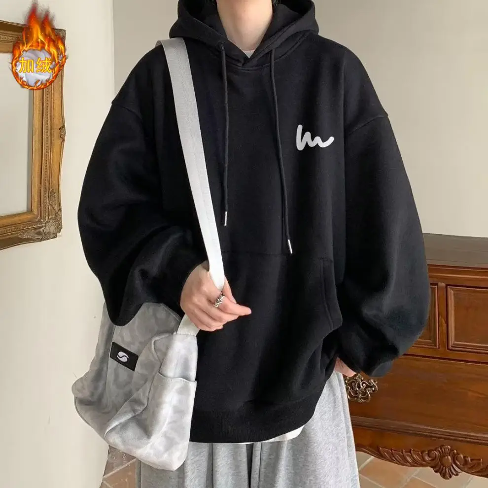 Men Heavy Hooded Sweatshirt Fleece Lined Maroon Retro Loose Oversize — feature 24