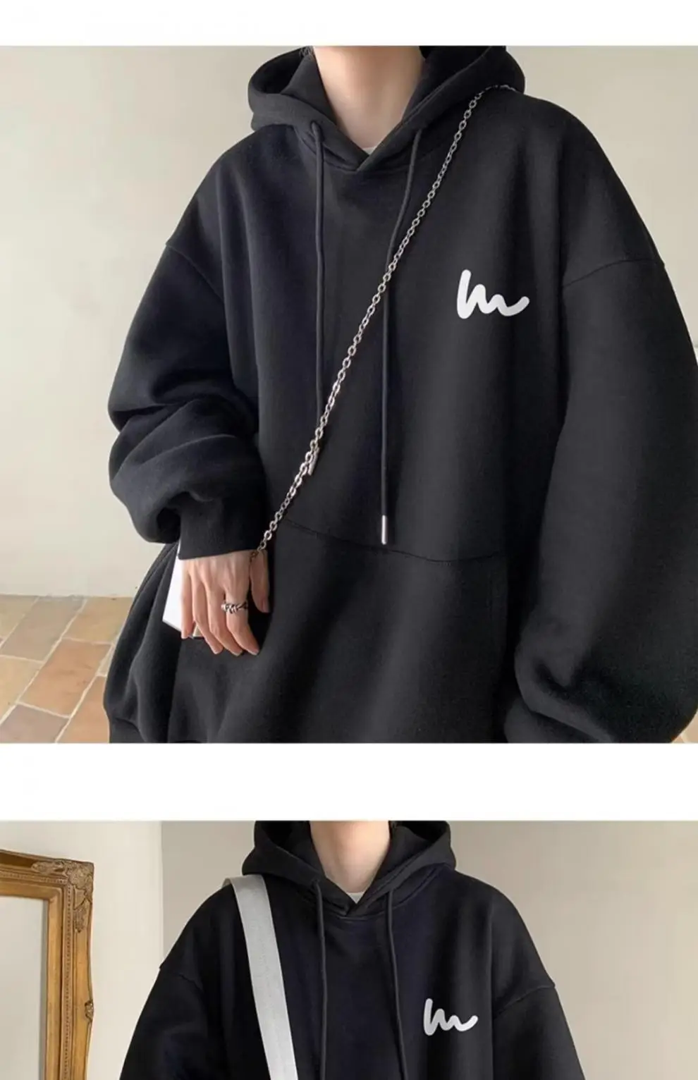 Men Heavy Hooded Sweatshirt Fleece Lined Maroon Retro Loose Oversize — feature 3
