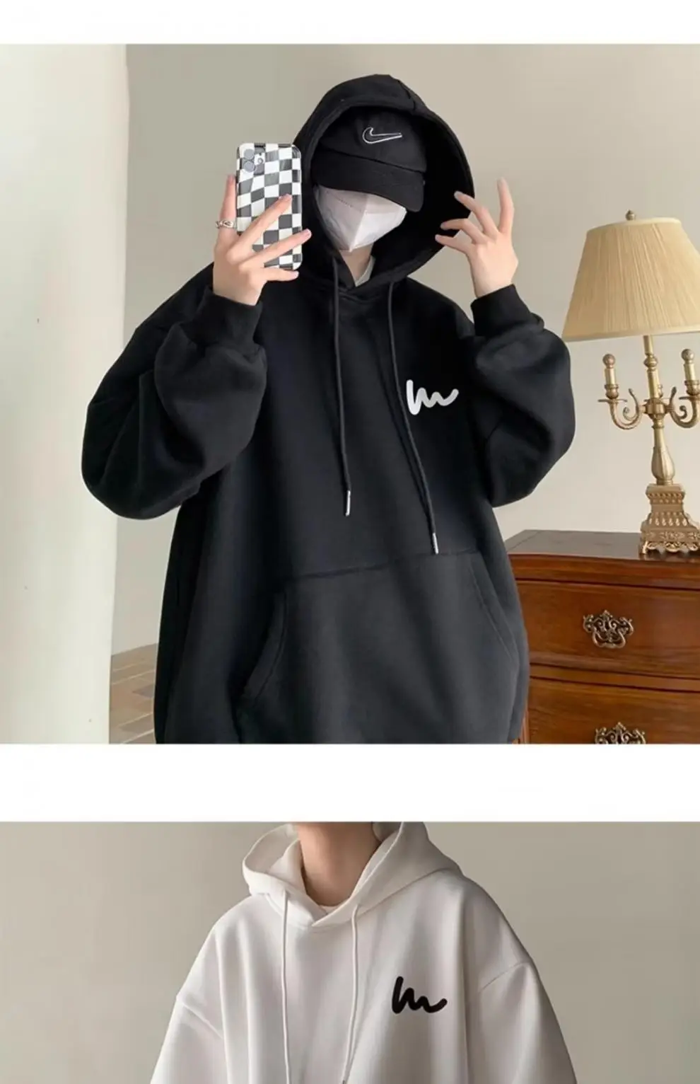 Men Heavy Hooded Sweatshirt Fleece Lined Maroon Retro Loose Oversize — feature 5