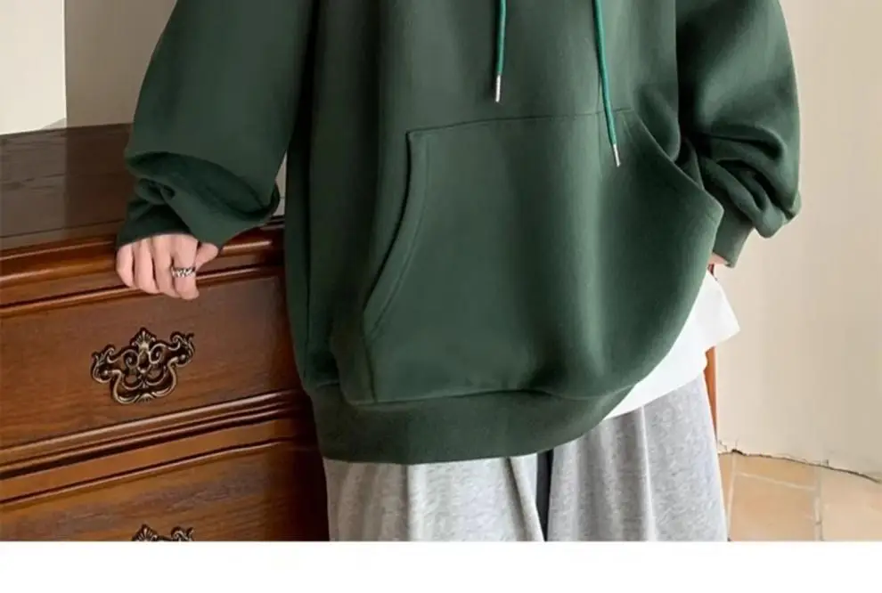 Men Heavy Hooded Sweatshirt Fleece Lined Maroon Retro Loose Oversize — feature 9