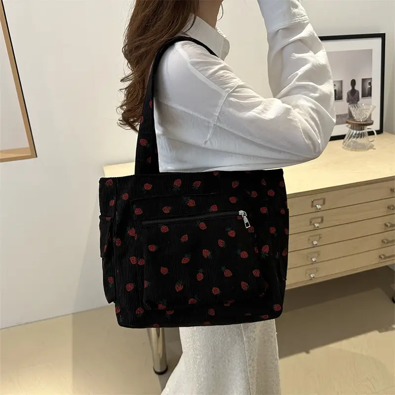 New Strawberry Corduroy Tote Bag Large Capacity Lazy Style Storage