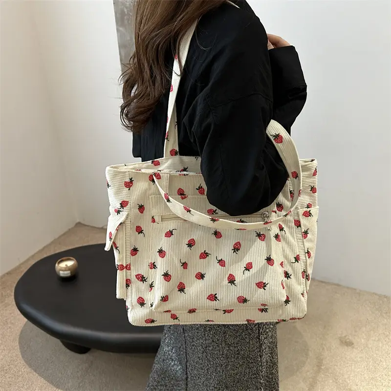 New Strawberry Corduroy Tote Bag Large Capacity Lazy Style Storage