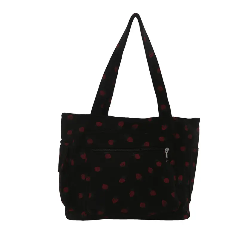New Strawberry Corduroy Tote Bag Large Capacity Lazy Style Storage
