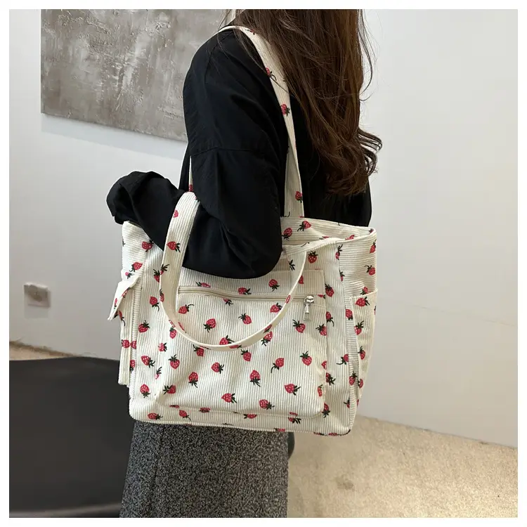 New Strawberry Corduroy Tote Bag Large Capacity Lazy Style Storage — feature 17
