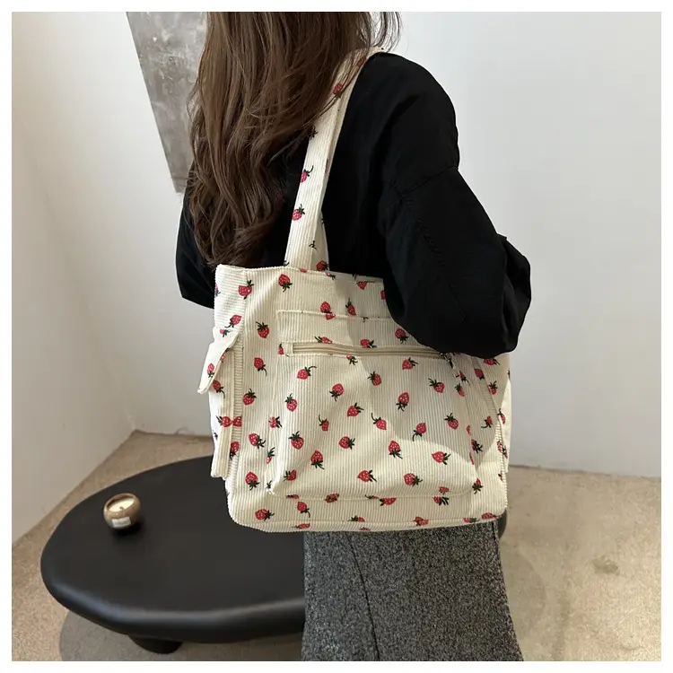 New Strawberry Corduroy Tote Bag Large Capacity Lazy Style Storage — feature 19