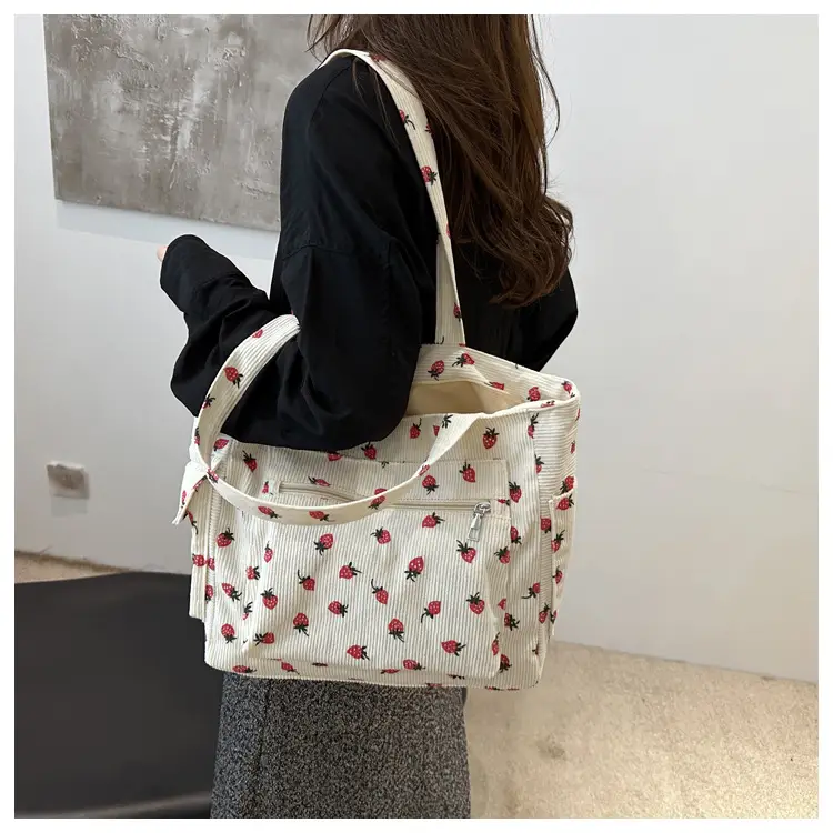 New Strawberry Corduroy Tote Bag Large Capacity Lazy Style Storage — feature 20