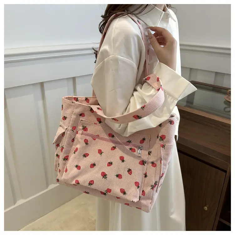 New Strawberry Corduroy Tote Bag Large Capacity Lazy Style Storage — feature 23
