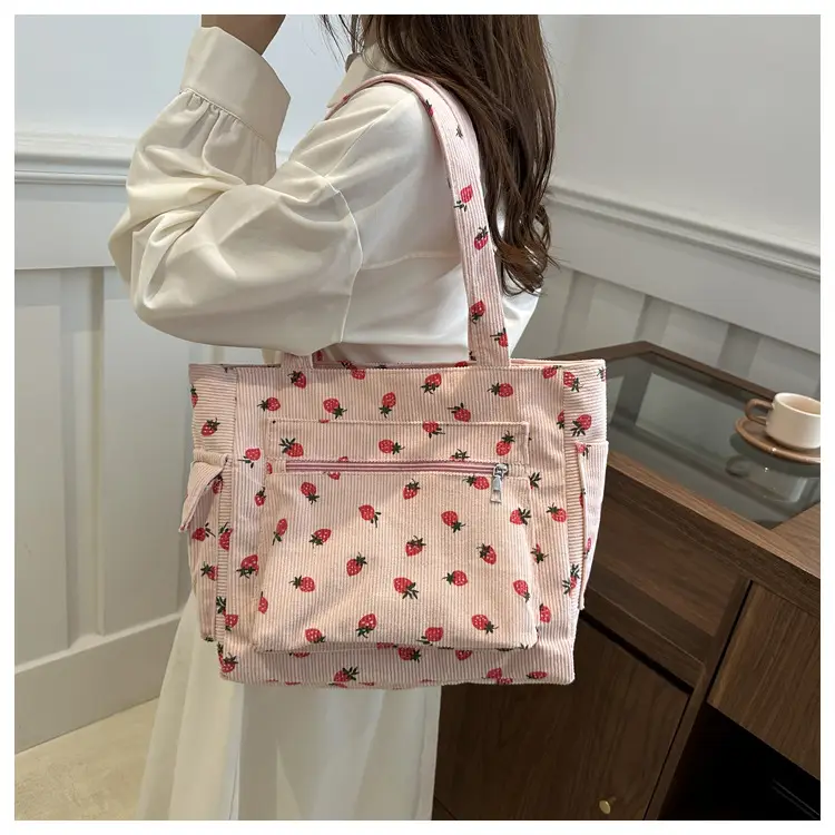 New Strawberry Corduroy Tote Bag Large Capacity Lazy Style Storage — feature 24