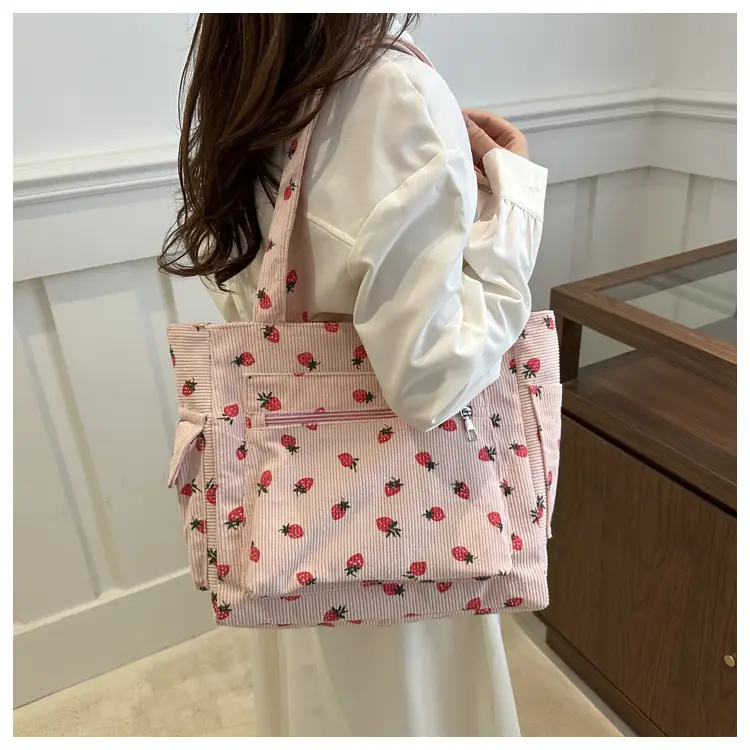 New Strawberry Corduroy Tote Bag Large Capacity Lazy Style Storage — feature 26