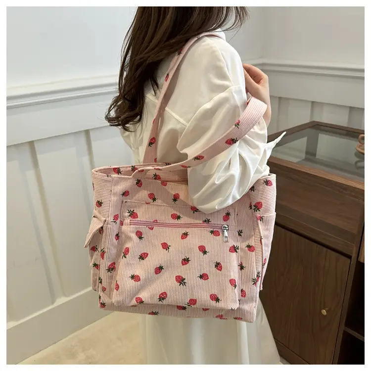 New Strawberry Corduroy Tote Bag Large Capacity Lazy Style Storage — feature 27
