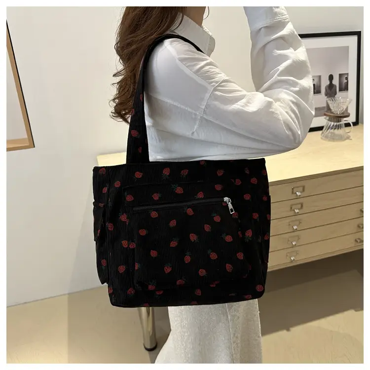 New Strawberry Corduroy Tote Bag Large Capacity Lazy Style Storage — feature 28