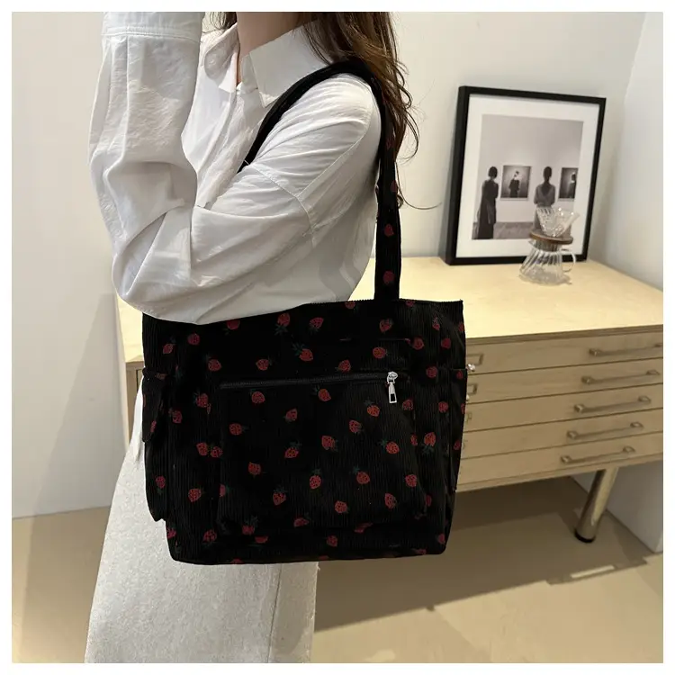 New Strawberry Corduroy Tote Bag Large Capacity Lazy Style Storage — feature 30