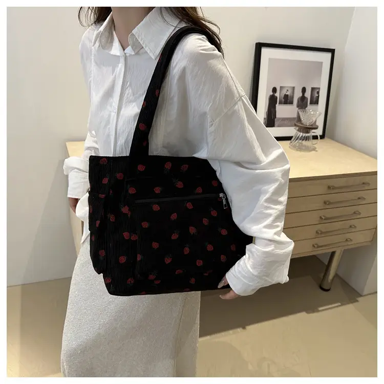 New Strawberry Corduroy Tote Bag Large Capacity Lazy Style Storage — feature 32