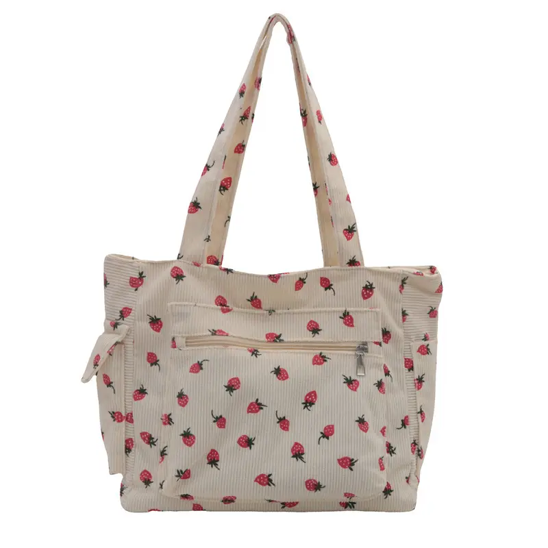 New Strawberry Corduroy Tote Bag Large Capacity Lazy Style Storage