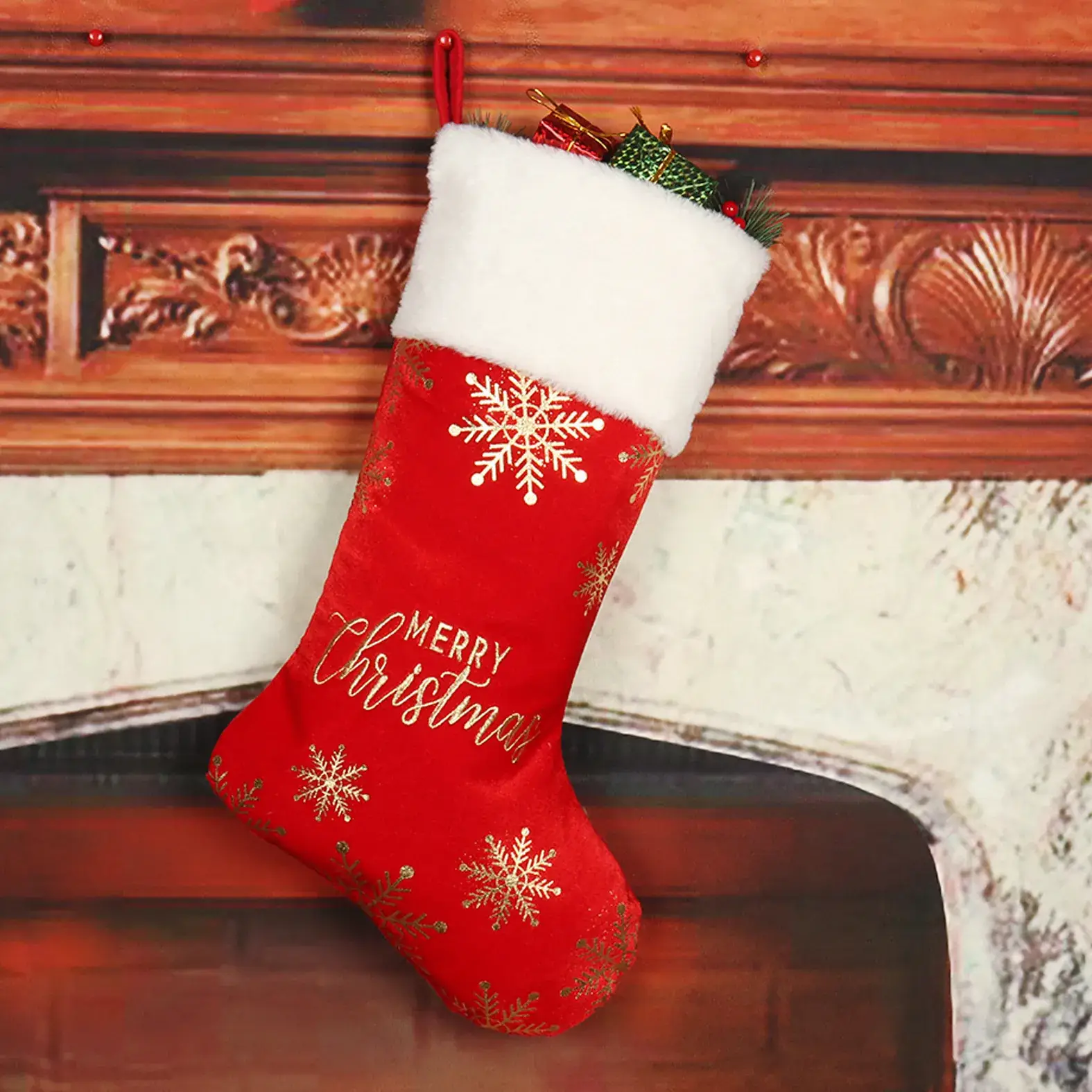 Red Embroidered Christmas Stocking Large Size Candy Bag - Image 7