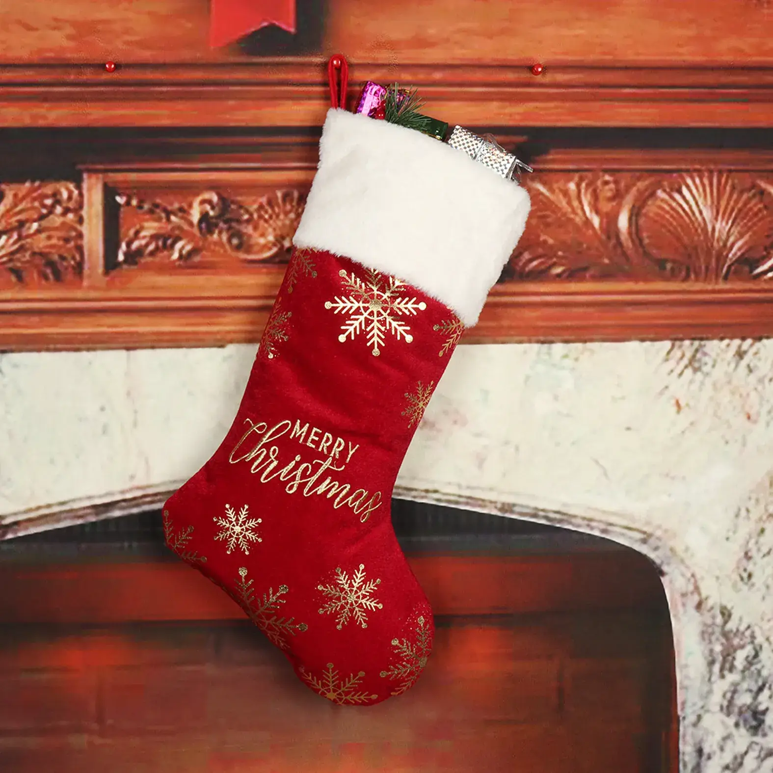 Red Embroidered Christmas Stocking Large Size Candy Bag — feature 10