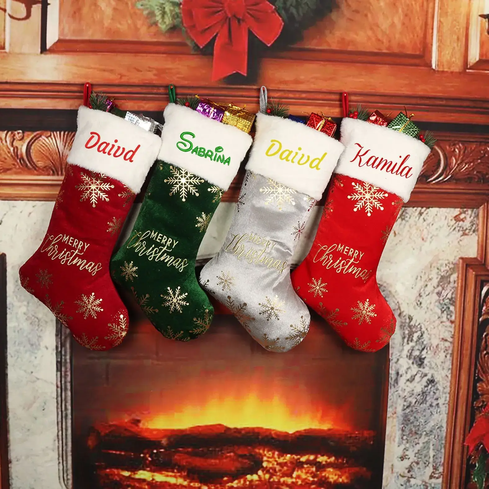 Red Embroidered Christmas Stocking Large Size Candy Bag — feature 2