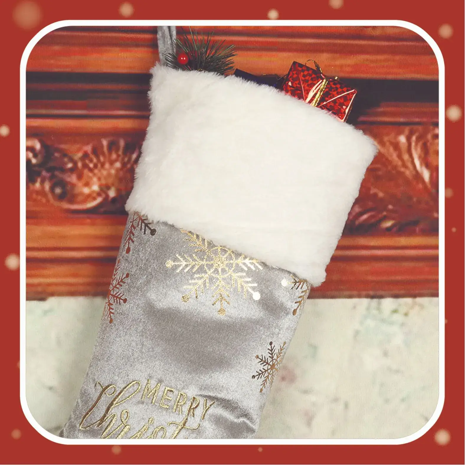 Red Embroidered Christmas Stocking Large Size Candy Bag — feature 8