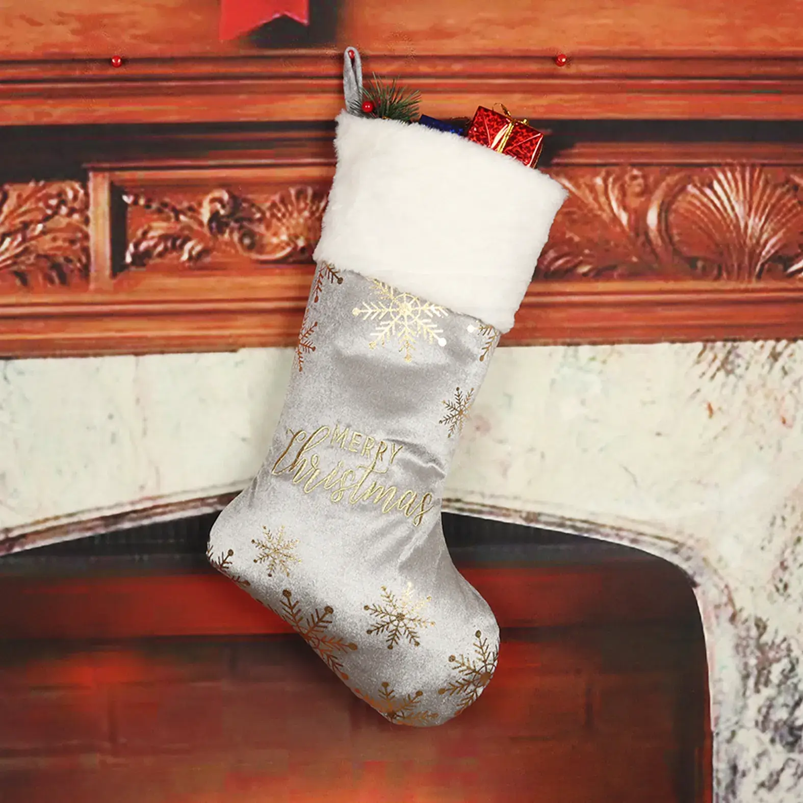 Red Embroidered Christmas Stocking Large Size Candy Bag - Image 3