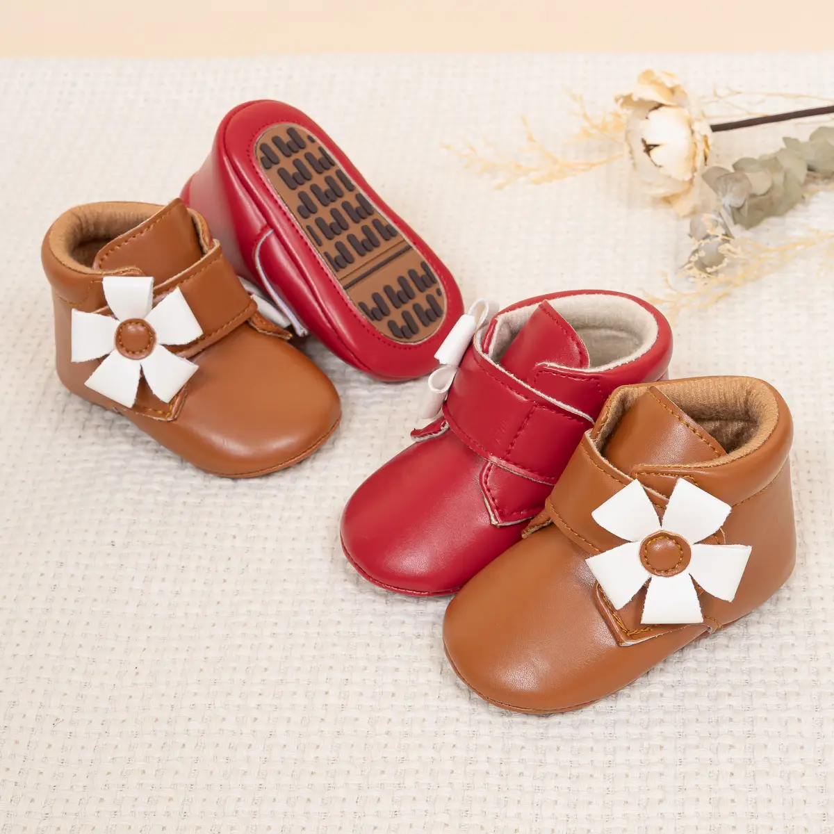 Brown Flower Velcro Baby Shoes for Toddlers