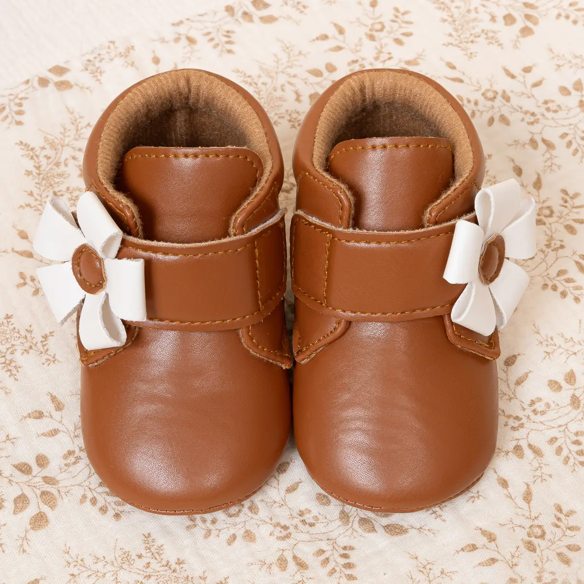 Brown Flower Velcro Baby Shoes for Toddlers