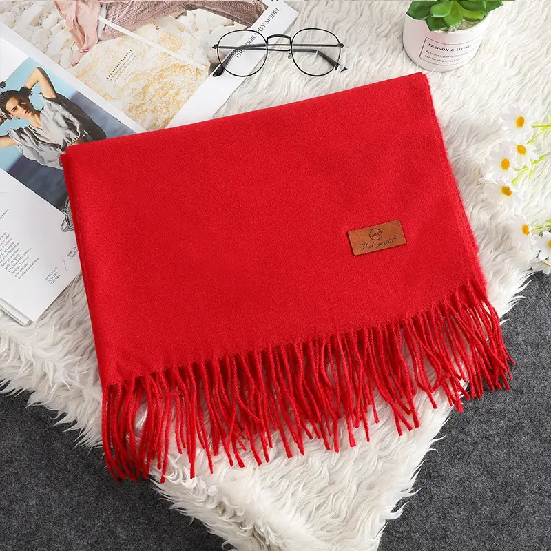 Red Scarf Annual Meeting Gift Free Design Logo Custom Pure Color Scarf Imitation Cashmere Autumn and Winter Versatile Shawl