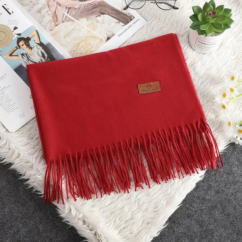 Red Scarf Annual Meeting Gift Free Design Logo Custom Pure Color Scarf Imitation Cashmere Autumn and Winter Versatile Shawl