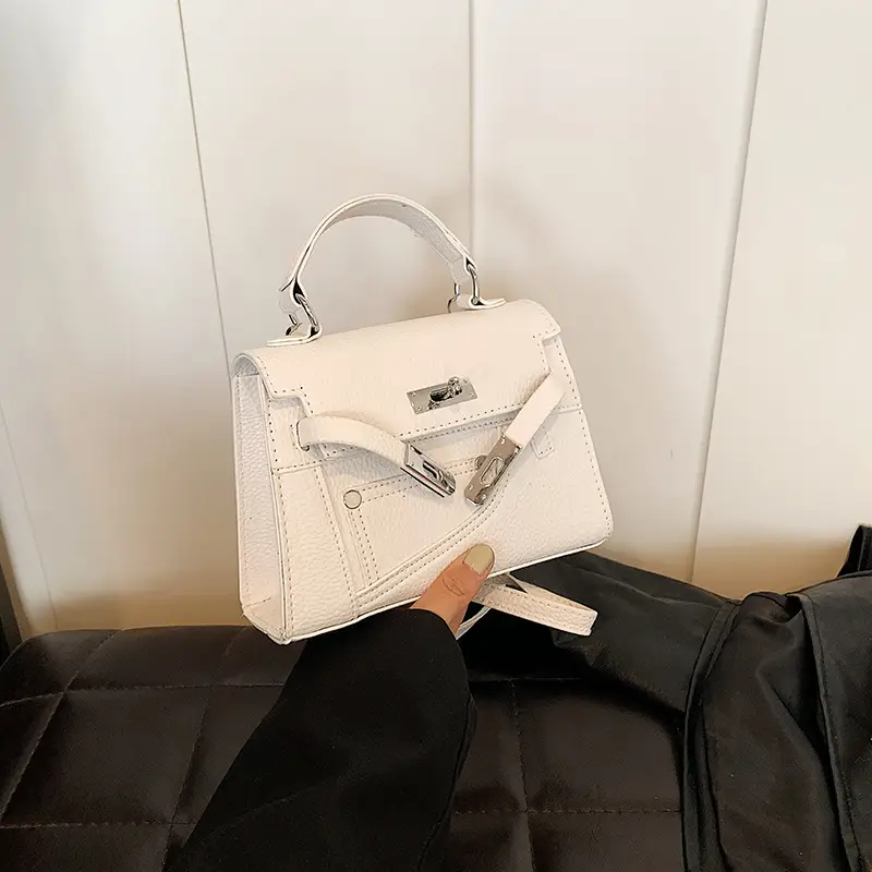 White Kelly Shoulder Bag with Litchi Clasp - Image 9