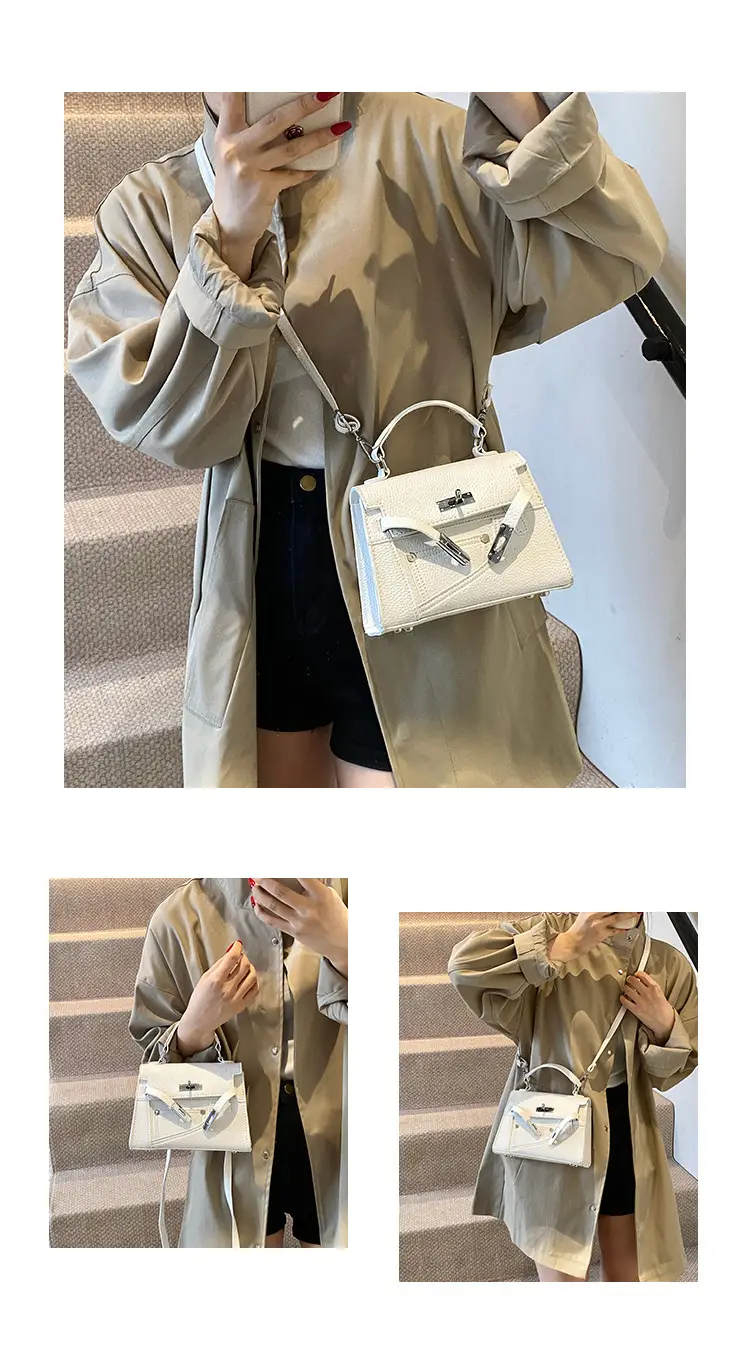 White Kelly Shoulder Bag with Litchi Clasp — feature 21