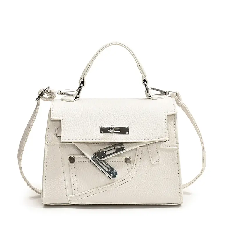 White Kelly Shoulder Bag with Litchi Clasp - Image 2