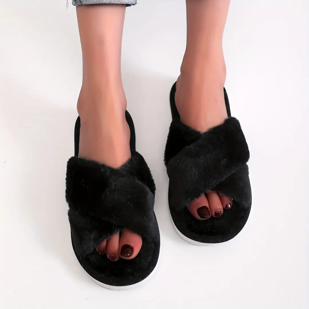 Cross-border TEMU explosive cross with open toe wool plush slippers ladies European and American cotton slippers SHEIN explosive slippers