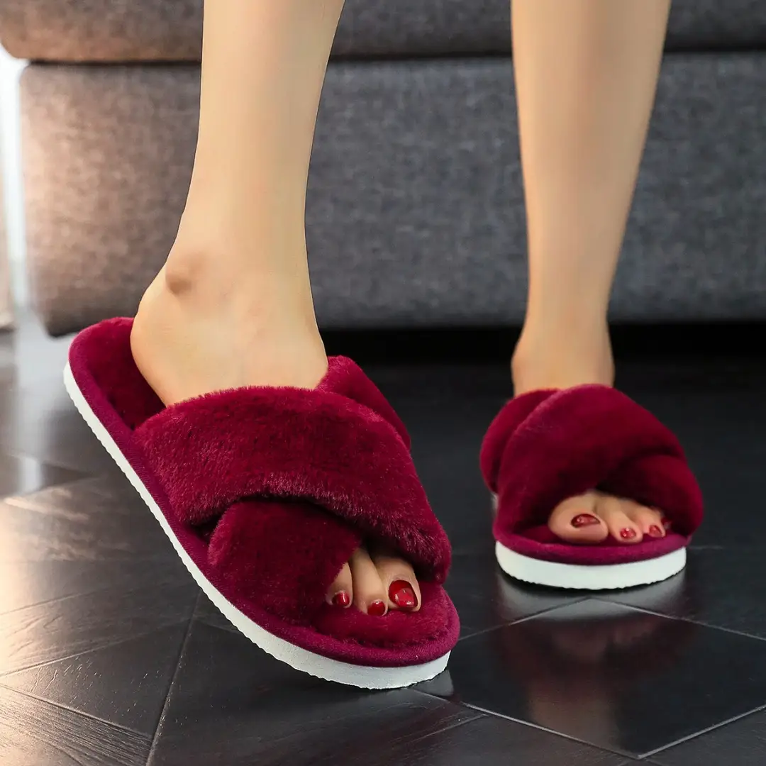 Cross-border TEMU explosive cross with open toe wool plush slippers ladies European and American cotton slippers SHEIN explosive slippers — feature 4