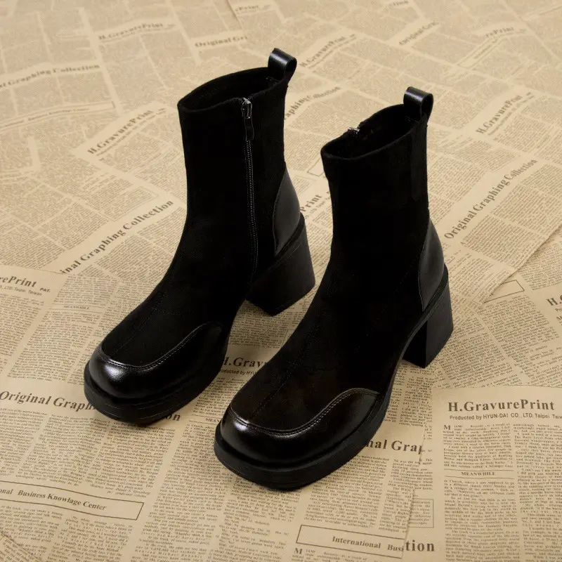 High-Heeled Women's Boots, Chunky Heel Short Boots, 2026 New Spring and Autumn Single Boots, Thick-Soled Stretch Slim Boots, Black Martin Boots - Image 3