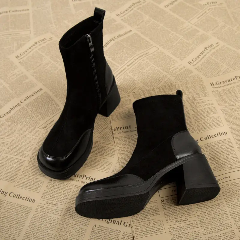 High-Heeled Women's Boots, Chunky Heel Short Boots, 2026 New Spring and Autumn Single Boots, Thick-Soled Stretch Slim Boots, Black Martin Boots - Image 4
