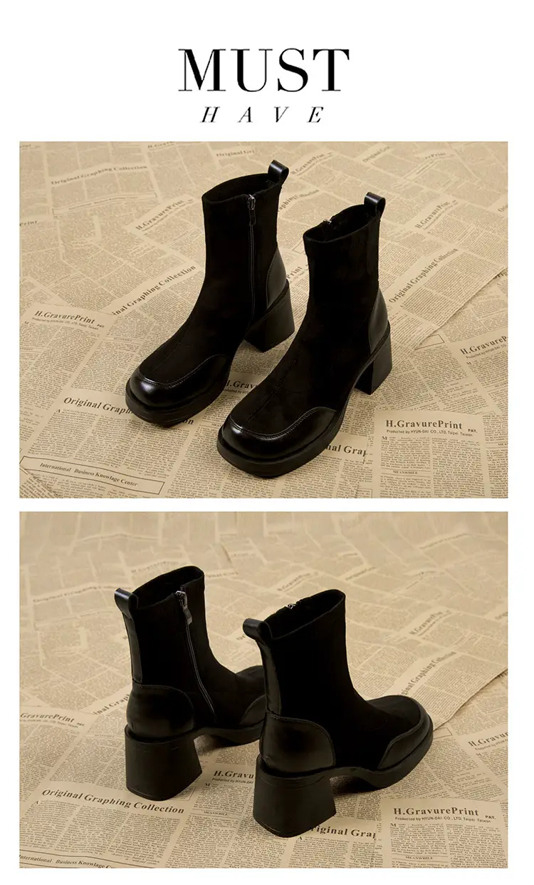 High-Heeled Women's Boots, Chunky Heel Short Boots, 2026 New Spring and Autumn Single Boots, Thick-Soled Stretch Slim Boots, Black Martin Boots — feature 10